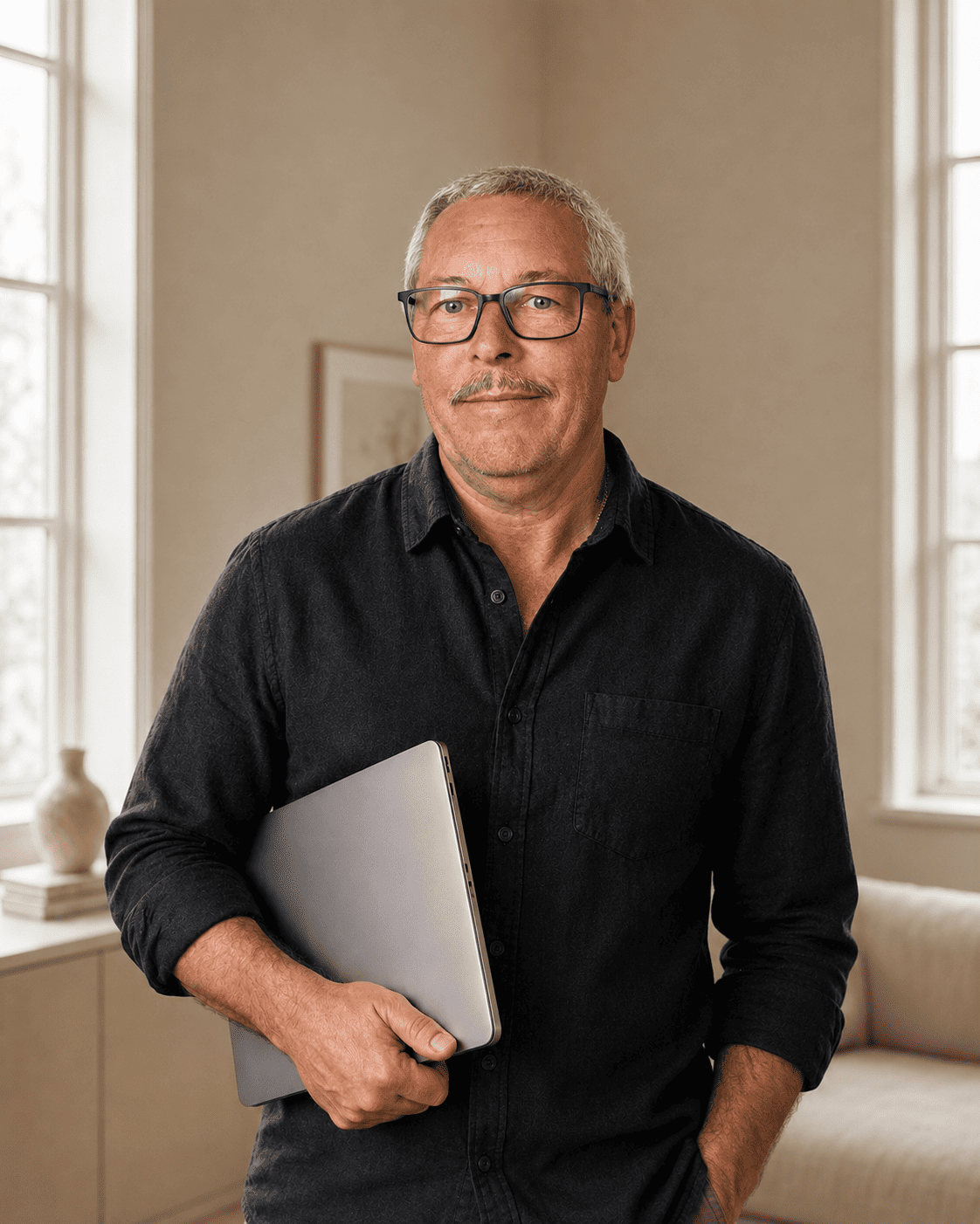Manfred Kloos, Gründer von Copykraft, mit Laptop